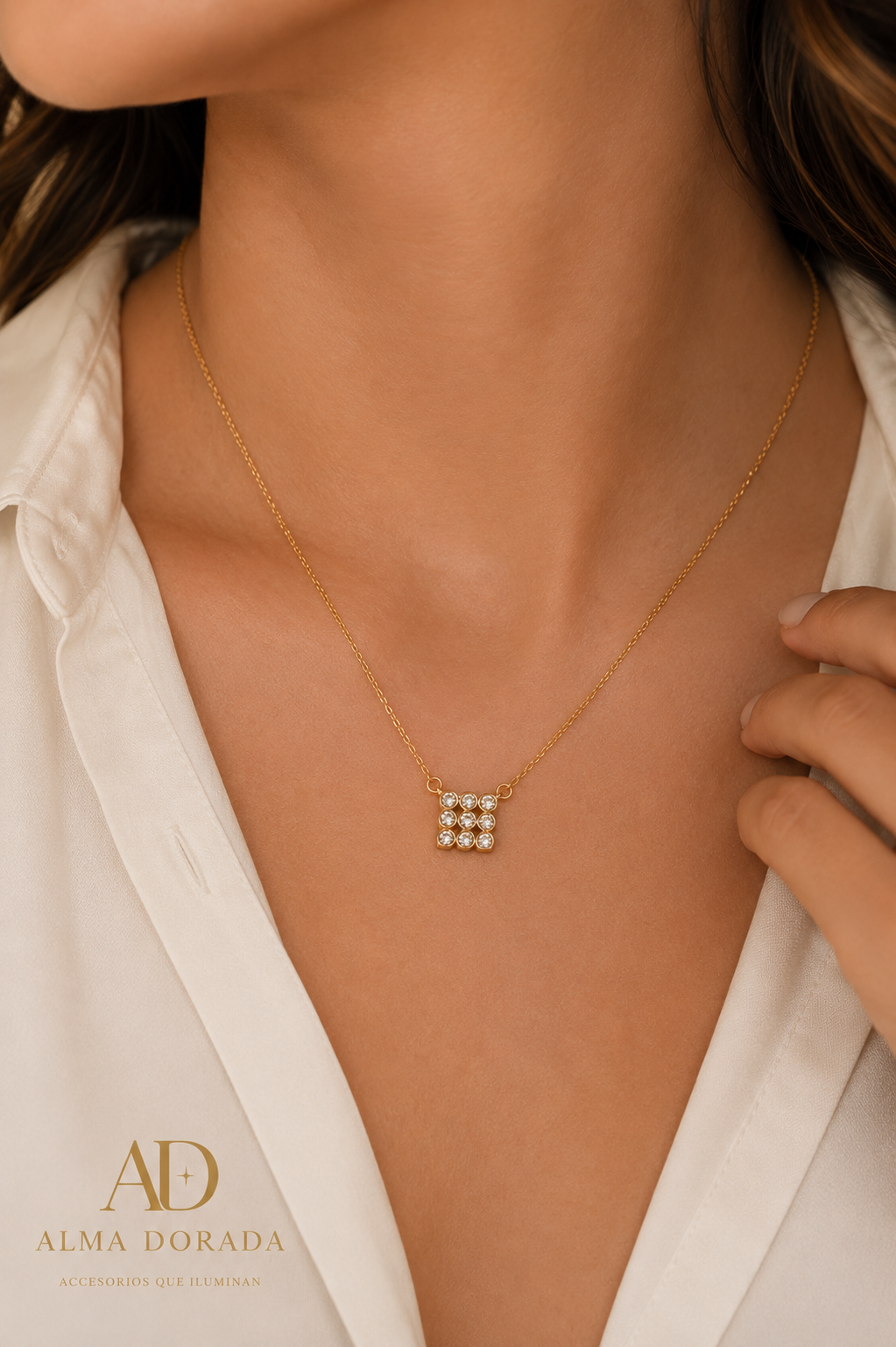 3x3 CZ Cluster 18K Gold Filled Necklace